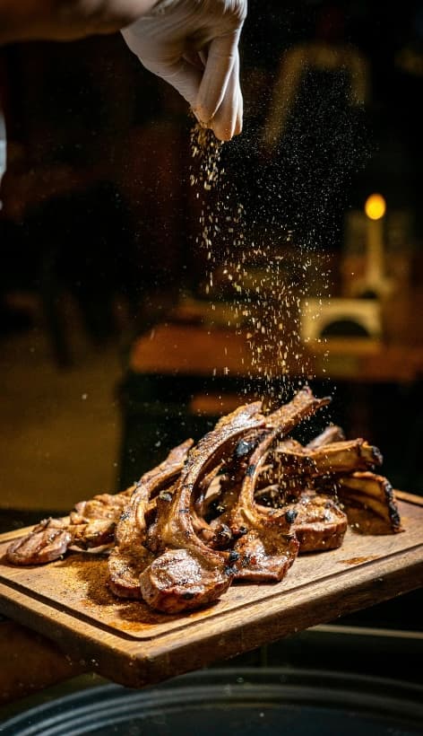 A chef seasoning a board of lamb chops